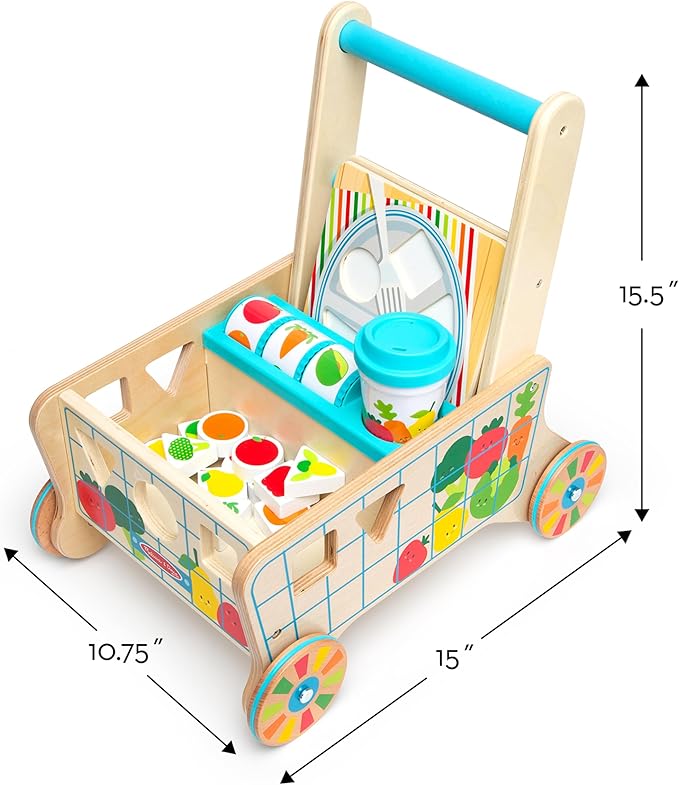 Melissa & Doug Wooden Shape Sorting Grocery Cart - Toddler Toys with 12 Blocks, Puzzle Board and Coffee Cup for Pretend Play and Montessori Toys - FSC Certified