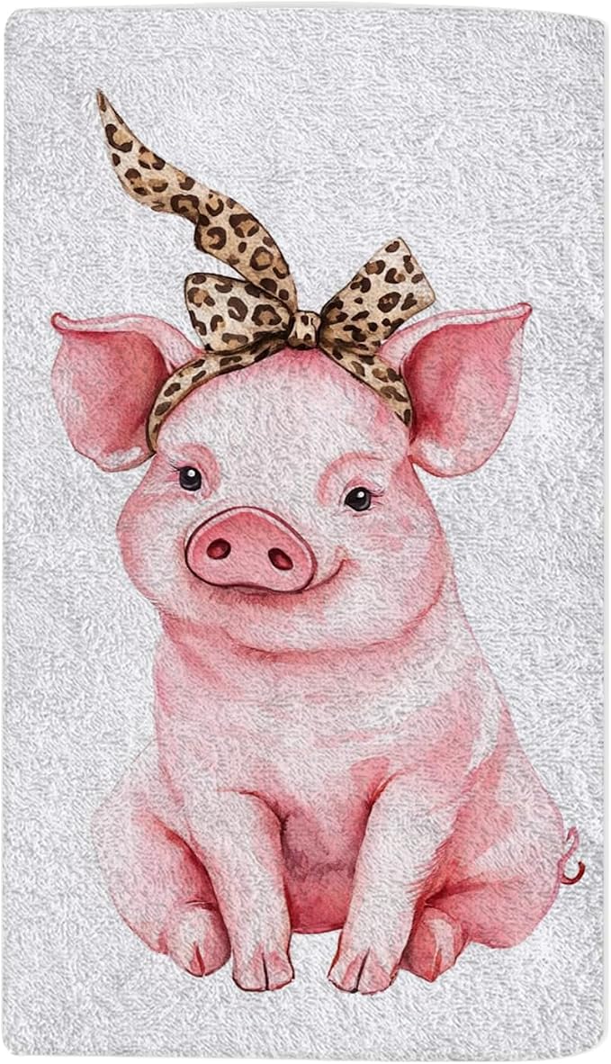 Pink Funny Cute Pig Hand Towel Farm Animal Piggy Wearing Leopard Bandana Face Towels Suit Travel Sports Pool Swimming Bath Camping Spa Gym Yoga,15x30 Inch