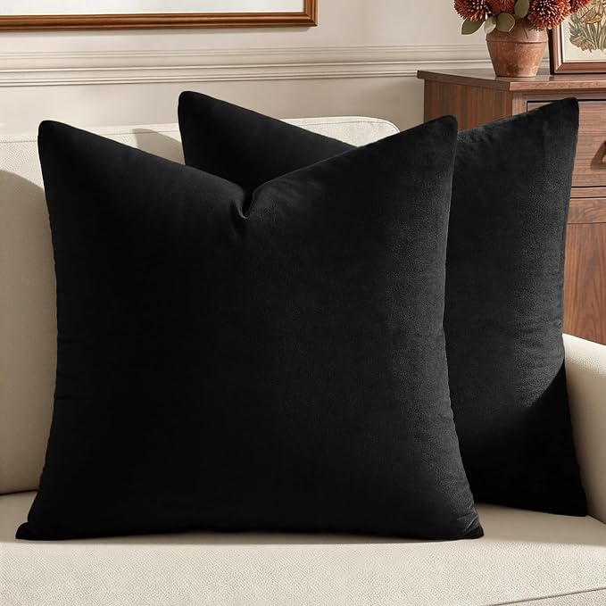 MIULEE 28x28 Inch Pack of 2 Euro Velvet Throw Pillow Covers Black | Soft Solid Decorative Euro Sham, Modern Luxury Home Decor, for King Bed Sofa Couch Bedroom Livingroom