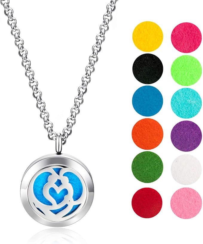 Wild Essentials Couple’s Heart Essential Oil Diffuser Necklace, Stainless Steel Locket Pendant with 24 inch Chain, 12 Color Refill Pads, Customizable Color Changing Perfume Jewelry for Aromatherapy