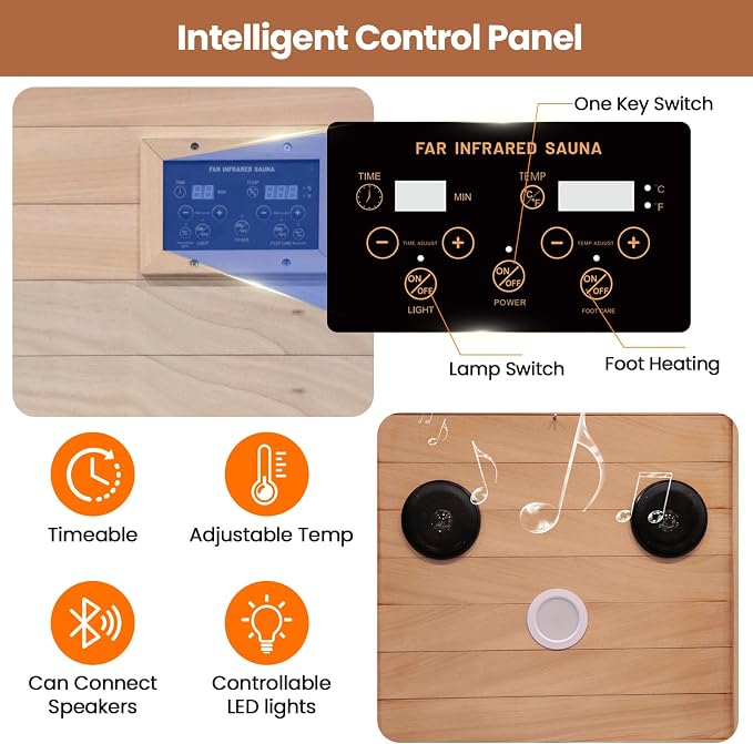 Far Infrared Sauna Home Sauna Room 1200W/110V Low-EMF Wood Indoor Dry Sauna | 1 Person Compact Sauna with Control Panel Speaker & Tempered Glass Door- Fast Heating Easy Assembly 35.2 * 28.8 * 61.5 in