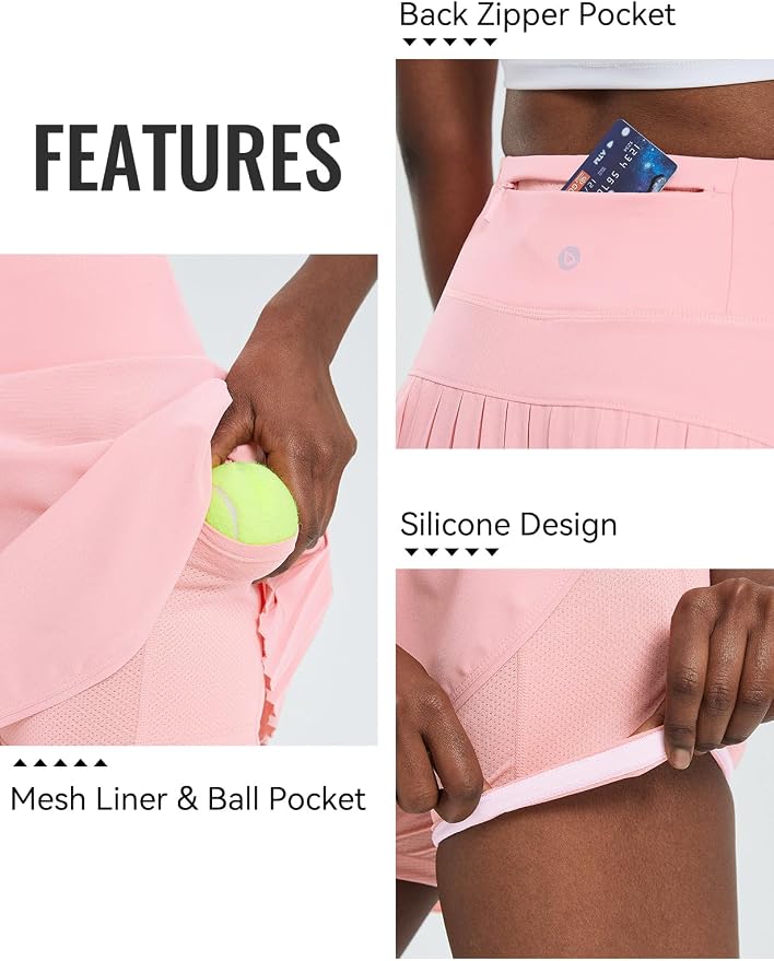 baleaf Tennis Skirt Pleated Golf Skorts with 3 Pockets | 14", Built in Shorts, High Waisted, Anti-slip Strip, Lightweight, for Athletic, Workout, Pickleball, Skorts for Women