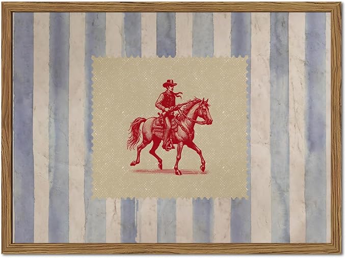 Vintage Western Wall Art, Mid Century Cowboy Rodeo Wall Decor, 12x16 in Framed, Striped Southwestern Poster Canvas Prints Country Horse Riding Artwork for Bedroom Living Room Farmhouse
