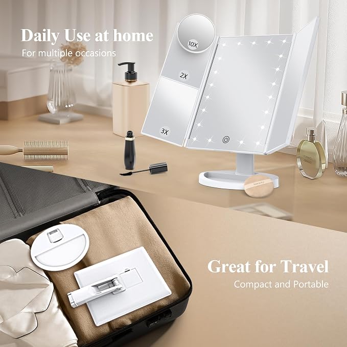 HUONUL Makeup Mirror, Vanity Mirror with Lights, 2X/3X/10X Magnification, Touch Control, Trifold, Dual Power Supply, Birthday Gifts for Women, Wife, Mom, Girls,Dorm Room Essentials