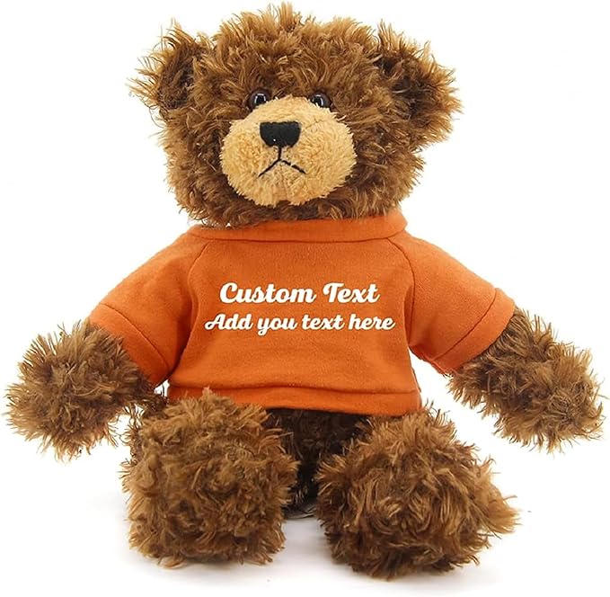 Customized Chocolate Brandon Bear - 12 inch Personalized Stuffed Bear Plush Toy - Perfect Custom Shirt Bear Gift for Graduation Valentines Graduation Easter Holidays (Orange Shirt)