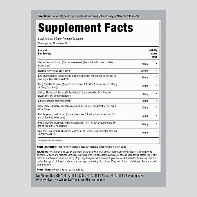 Piping Rock Menopause Ease Supplement | 100 Capsules | Advanced Support for Women | with Black Cohosh and Wild Yam | Non-GMO, Gluten Free