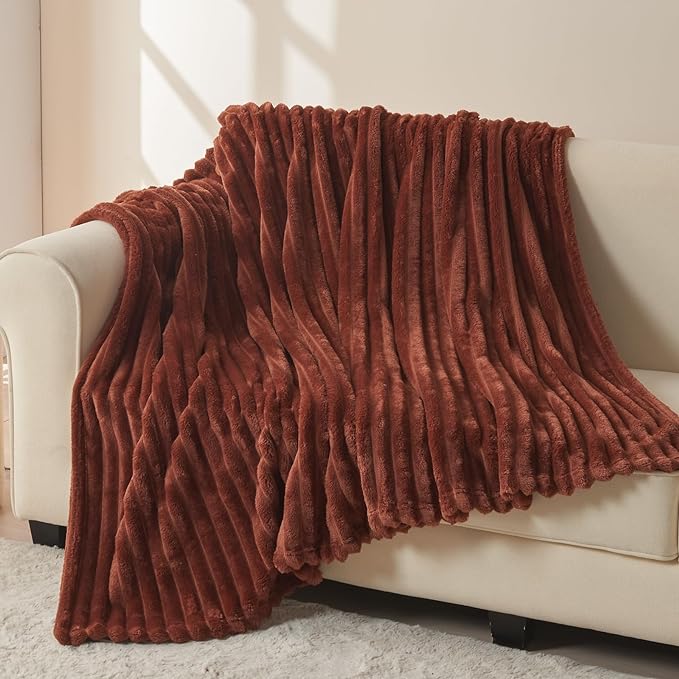 NEWCOSPLAY Super Soft Throw Blanket Coffee Premium Silky Flannel Fleece 3D Ribbed Jacquard Lightweight Bed Blanket All Season Use (Coffee Ribbed, Throw(50"x60"))