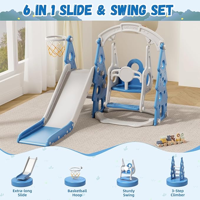 XJD 4-in-1 Toddler Slide and Swing Set, Kids Slide for Toddlers Age 1+, Toddler Outdoor Playset with Basketball Hoop, Swing, Christmas Birthday Gifts for Kids (Light Blue)