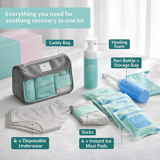 Mama & Wish® Postpartum Essentials Kit – Labor and Delivery Essentials for Moms After Birth – Postpartum Recovery Kit Includes Peri Bottle, Witch Hazel, Comfy Garments & More