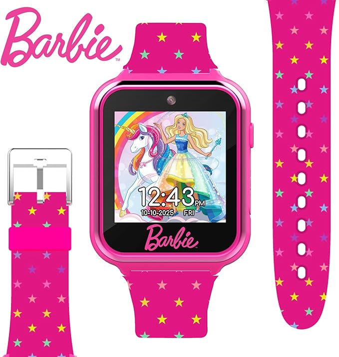 Barbie Kids Smart Watch - Interactive Touchscreen with Games, Selfie Camera, Step Tracker, Alarm, and Stylish Printed Silicone Strap - Fits Wrists 5.5" to 8.5"