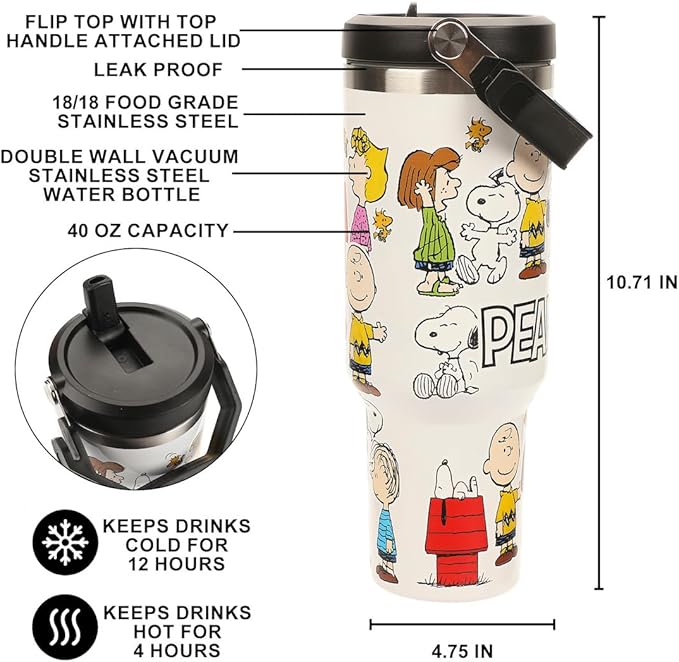 Bioworld Peanuts All-Over Character Print White 40 Oz Stainless Steel Water Bottle