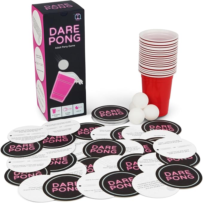 Dare Pong - Full Beer Pong Set and 50 Coasters with Dares, Perfect and Fun Drinking Games, Adult Board Games, Great for Bachelorette Party, Couples Games and Adult Games for Game Night