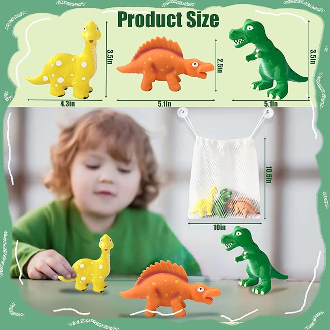 Dinosaurs Toys for Toddlers 1-3, No Hole Bath Toys for 18 Months, 3Pcs Soft Rubber Dino Bath Toy for Kids Age 1-3 with Storage Bag, Easy-Grip Baby & Toddler Bathtub Shower Water Table Pool Beach Toys