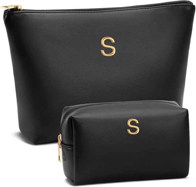 Women Gifts | Initial Makeup Bag for Girl Personalized Gifts for Bridesmaid Friend PU Leather Cosmetic Travel Toiletry Bag(Black,S)