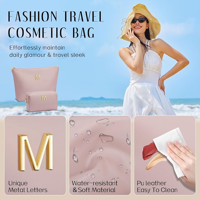 Women Gifts | Initial Makeup Bag for Girl Personalized Gifts for Bridesmaid Friend PU Leather Cosmetic Travel Toiletry Bag(Pink,M)