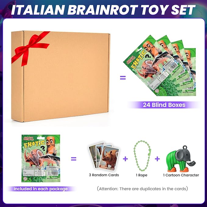 24 Pcs Italian Brainrot Blind Box Toy Set - Includes Trading Cards & Keychains，Tralalero Tralala Action Figure，Tung Tung Tung Sahur Doll