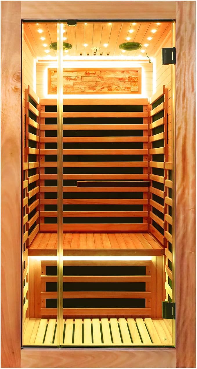 Far Infrared Sauna 1 Person Home Sauna Okoume Wood Indoor Saunas 1350W 120V with Red Light Bluetooth Speakers Oxygen Bar 35.4"x35.4"x70.9"