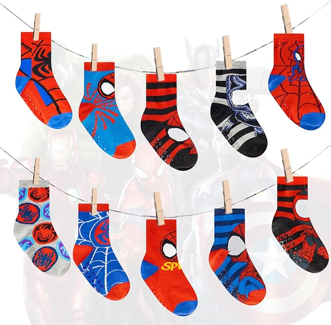 Marvel Spiderman Grip Socks, 10 Pack, Toddler Boys, Ankle Length, Multicolor, Small