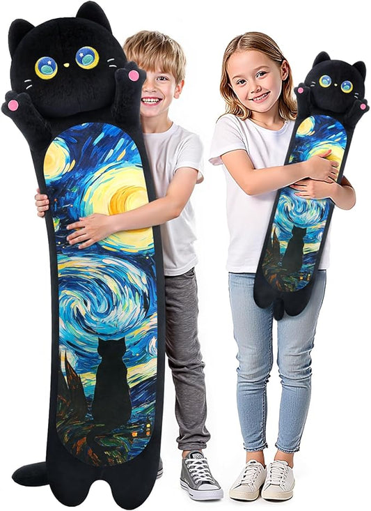 Long Cat Plush Kawaii Kids Plush Toy Pillows, Cute Black Cat Stuffed Animals Soft Plushies, Kitten Big Plush Toys Throw Body Pillow Doll Gift for Girls Boys (Black Starry Cat 20 Inch)