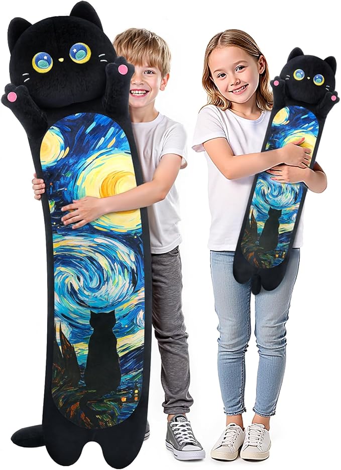 Long Cat Plush 5 Sizes, 120% Extra Filling Giant Plushness Kids Body Pillow, Kawaii Cute Black Starry Cat Stuffed Animals Plushies, Big Long Body Pillow Cat Plush Gift for Girls 44”