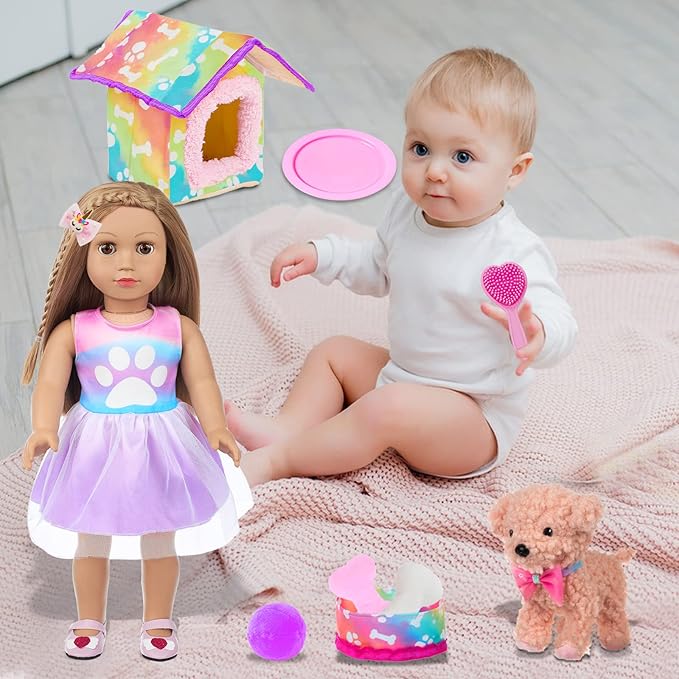 American 18 Inch Doll's Clothes and Accessories Pets Dog Play Sets for 18" Doll Included Dress,Pets Dog,pet Nest, Toy Ball, Hair Comb