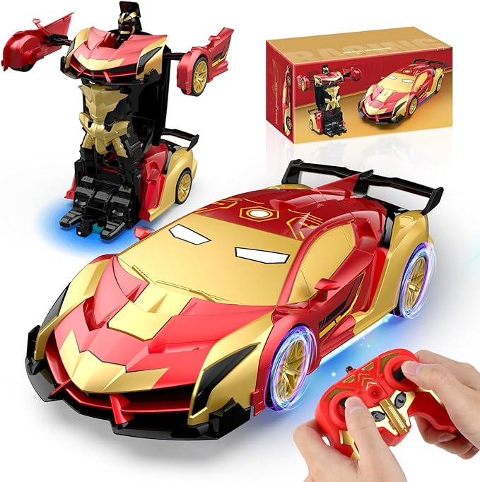 Transform RC Iron Man Cars Robot Toys with Underbody Lights, 2.4GHz Hero Remote Control Car One-Button Deformation, 360°Rotation Robot Car Toys Christmas Birthday Gifts for Kids Age 4 -12(1:18 Scale)