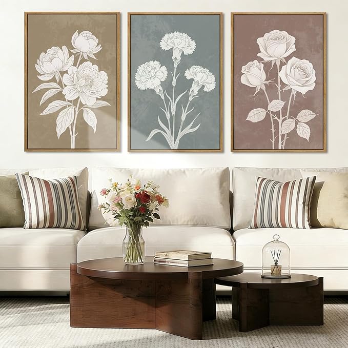 BINCUE Boho Floral Wall Painting Framed Botanical Wall Art Decor Flower Print for Living Room Bedroom Dining Room 16" Lx24 W Set of 3