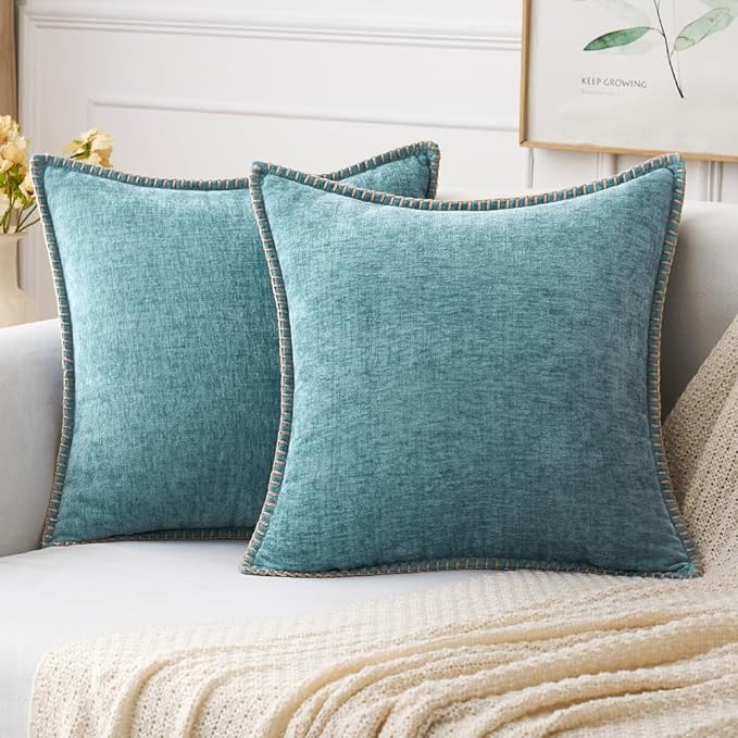 MIULEE Decorative Couch Throw Pillow Covers 20x20 Inch Coastal Aqua Blue | 2 Pack, Farmhouse Pillow Covers with Stitched Edge, Soft Chenille Cushion Cases, for Sofa Bed Living Room Home Decor