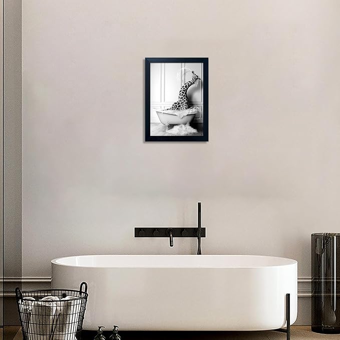 Framed Animal Bathroom Wall Art Black and White Canvas Wall Art Funny Giraffe in Bathtub Print Farmhouse Painting Kids Bathroom Decor