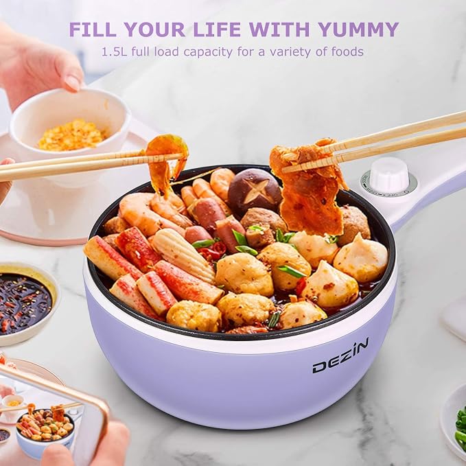 Dezin Hot Pot Electric, 1.5L Non-Stick Portable Electric Pot, Dual Power | 700W Upgraded Electric Pot for Cooking Steak, Egg, Oatmeal, Soup, Mini Ramen Cooker for Dorm, Travel, Camping, RV, Purple Pan