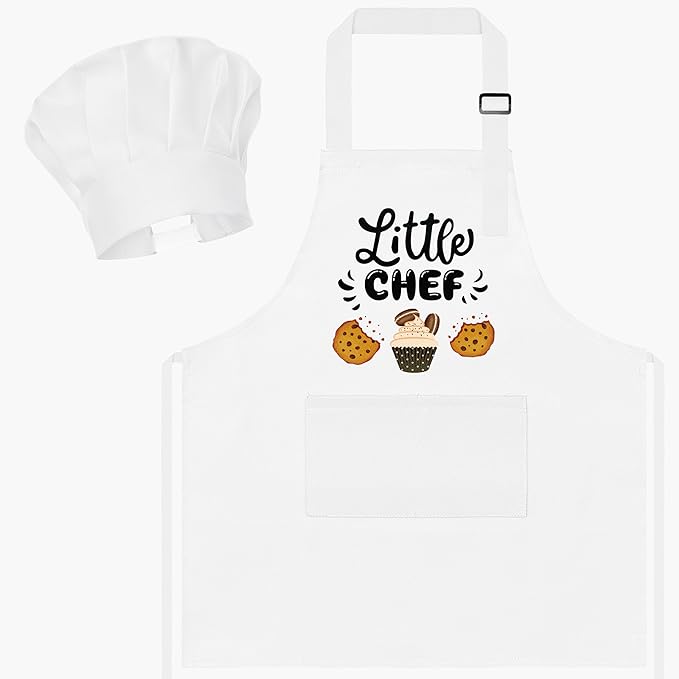 R HORSE Kid Apron and Chef Hat Set - 2Pcs White Little Chef Adjustable Children Kitchen Toddler Apron for Boys Girls, Funny Dress up Pretend Play Toy Birthday Gift for Kids Cooking Baking Painting