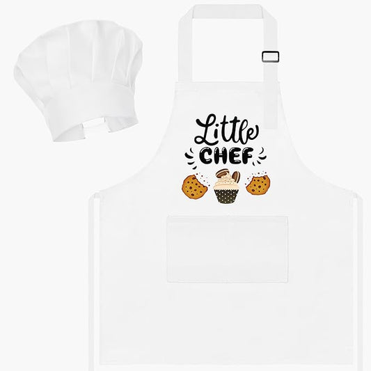 R HORSE Kid Apron and Chef Hat Set - 2Pcs White Little Chef Adjustable Children Kitchen Toddler Apron for Boys Girls, Funny Dress up Pretend Play Toy Birthday Gift for Kids Cooking Baking Painting