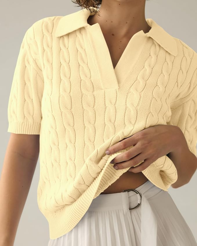 Imily Bela Womens Cable Short Sleeve Sweaters Tops Lapel V Neck Knit Shirt | Solid,Knit Casual,Soft Pullover,Fall Sweaters,Womens Summer Work Tops