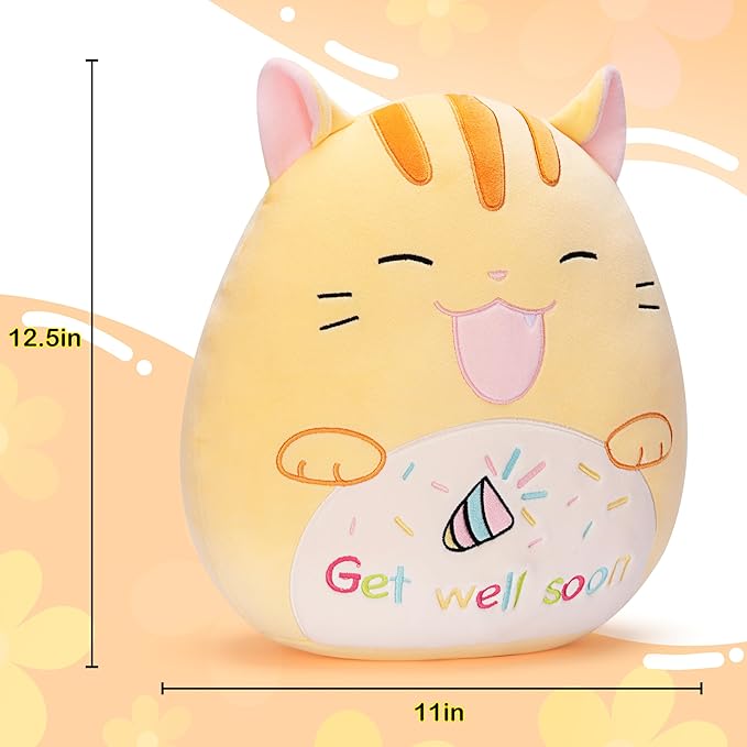 Get Well Soon Cat Pillow Plush Stuffed Animal Toy Patient Feel Better,12.5" Big Size Soft Cute Adorable Plushie Toys,Gift for Kids Women Girls