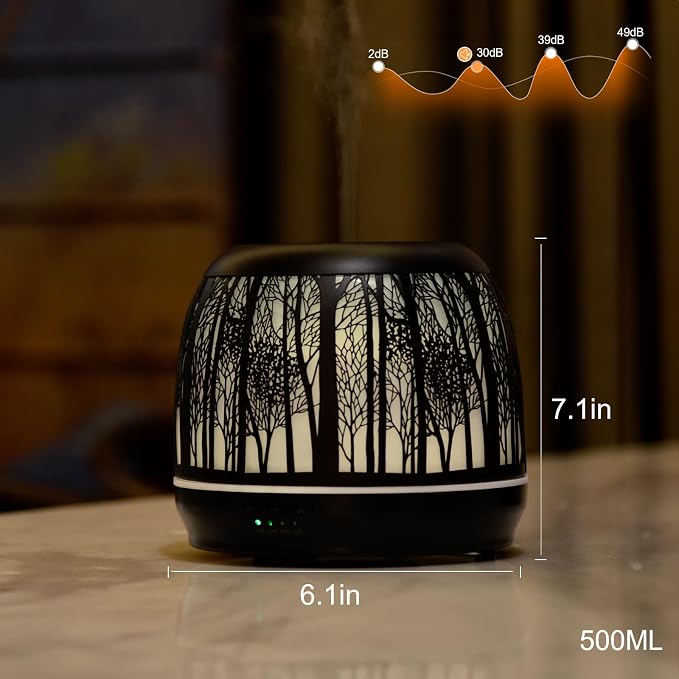 Large Essential Oil Aromatherapy Diffuser for Home Bedroom Metal Hollow Decorative Room Ultrasonic Air Scent Mist Aroma Diffuser 500ML Defusers -Black