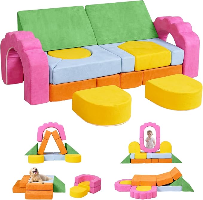 13-Piece Modular Foam Climbing Blocks Set for Toddlers - Floral Soft Play Structure for Indoor Crawling & Climbing Play with Washable Cover for Bedrooms, Playrooms, Daycares and Schools,Multicolor
