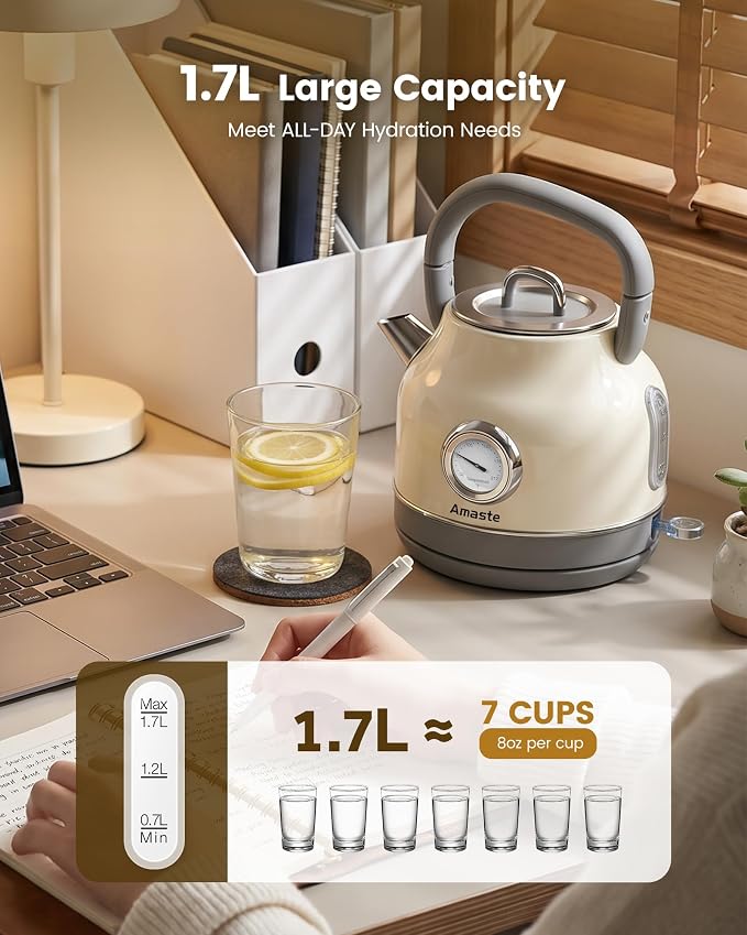 Amaste Electric Kettle, Retro Electric Tea Kettle With Thermometer, 57 Oz Hot Water Kettle For Coffee & Tea, 304 Stainless Steel, 1500w Fast Boiling, Auto Shut-Off & Boil Dry Protection, Cream White