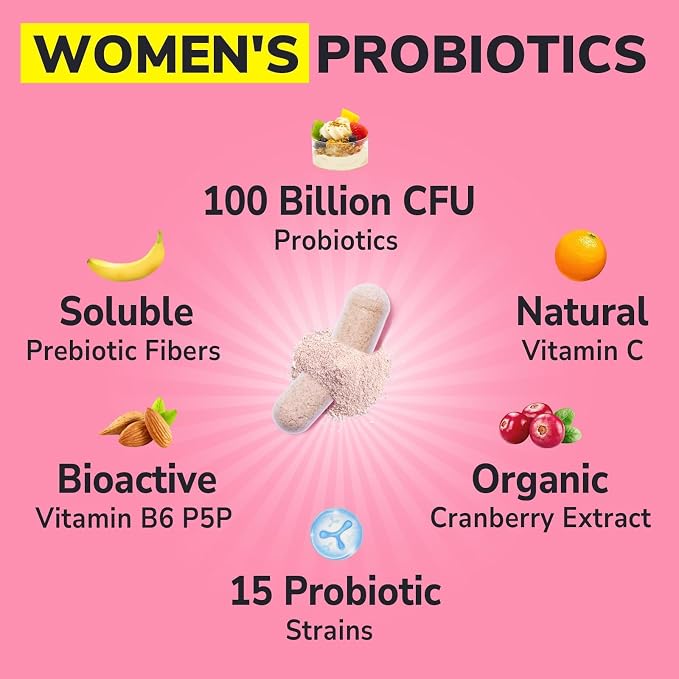 Vitalibre Probiotics for Women 100 Billion CFU 15 Strains, DailyProbiotic & Prebiotic Supplement with Organic Cranberry to SupportVaginal, Digestive, Immune Health, Shelf Stable, 60 Vegan Capsules