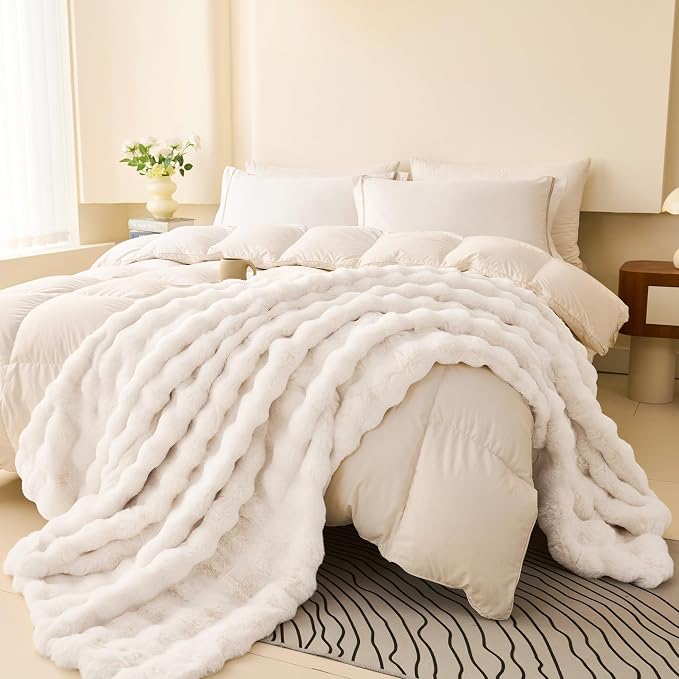Comelady Soft Fluffy Faux Fur Throw Blanket 60"x80", Bubble Plush Texture | Cream White Thick Fuzzy Blanket, No-Shedding, Aesthetic & Cozy for Couch Bed Room Decor, Warm Gift for Women Girls