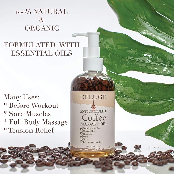 DELUGE Original Massage Oil for Cellulite Treatment, Full Body Spa Relaxation Therapy and Sore Muscles. Targets unwanted Fat Tissue, Helps Firms and Tones Skin 8 Oz