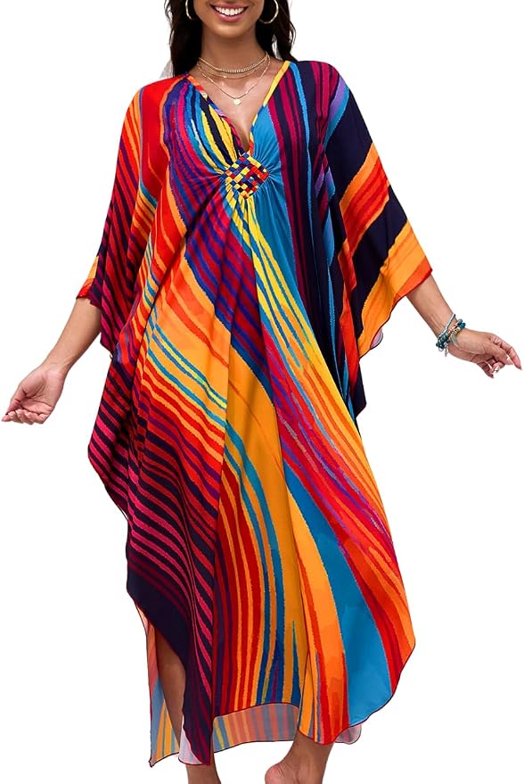 ChiaoLezhee Print Moo-Moos for Women, Kaftan Cover-Up Dresses, Sexy V-Neck High-Slit, Beach Pool-Party Coverups Muumuu Plus