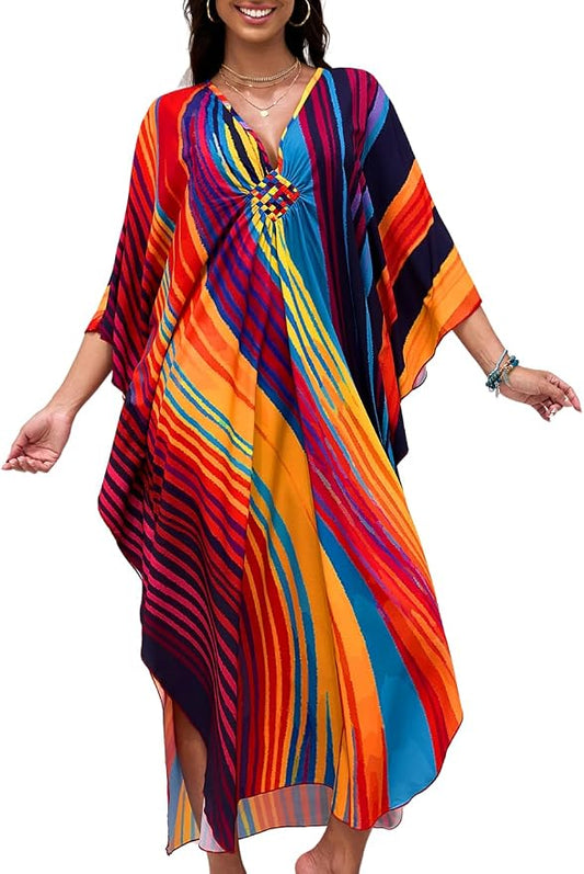 ChiaoLezhee Print Moo-Moos for Women, Kaftan Cover-Up Dresses, Sexy V-Neck High-Slit, Beach Pool-Party Coverups Muumuu Plus