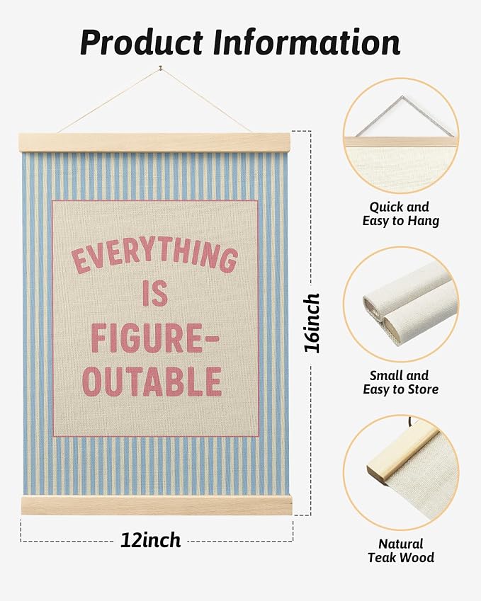 FGFK Everything Is Figureoutable Positive Affirmations Wall Art Poster Hanger Frame, Preppy Pink and Blue Inspirational Canvas Prints Framed Wall Decor for Office Classroom Home Bedroom, 12x16 Inch