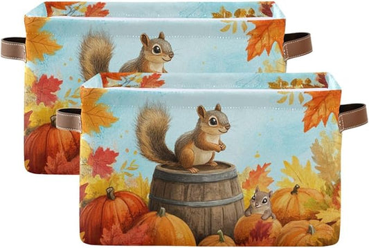 Aslsiy Storage Basket Fall Squirrel Pumpkins Maple Nursery Bins Blue Sky Baby Box Canvas Clothes Shelf Basket Laundry Hampers 2 Pcs