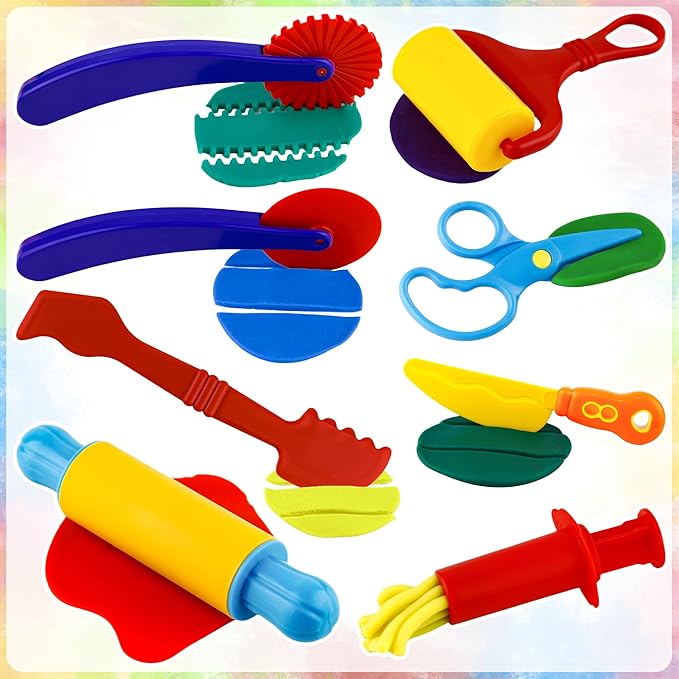 Dough Play Tool Kit for Kids, 9 PCS Basic Dough Starter Set with Pizza Cutter, Safety Scissors, Rolling Pin, Roller, Extruder, Plastic Scraper, Knife
