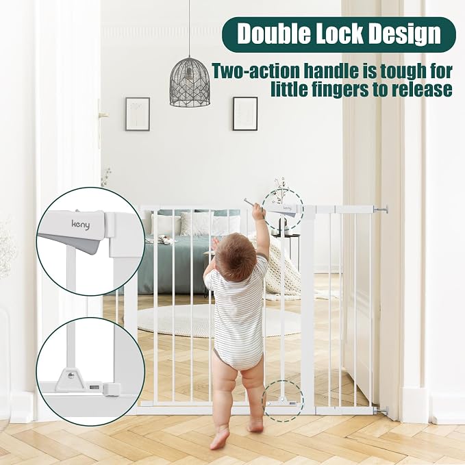 keny 29.7"-46" Baby Gate for Stairs, Auto Close Dog Gates for Doorways | Pressured Mounted No Drilling Pet Gate Extra Wide, Easy Walk Thru Stair Gate, 30" Tall, White