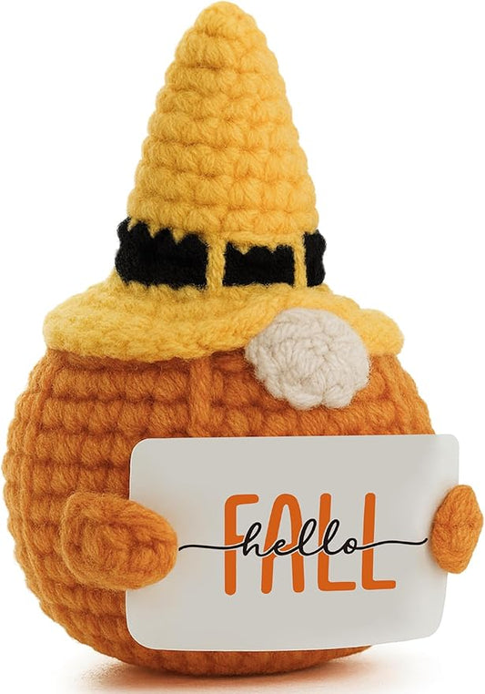 Hello Fall Handmade Halloween Witch Hat Crochet Pumpkin Gnome Plush - Autumn Season Thanksgiving Home Office Harvesting Color Table & Desk Decor Christmas Ornaments