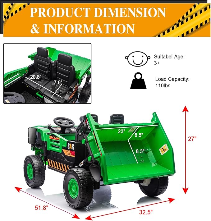 POSTACK XL 24 Volt Kids Ride on Toy, Ride on Construction Vehicle with 4 Powerful Motors Side by Side, 20" Spacious Two Seater Ride On Toddler Car with Electric Dump Bed, Green