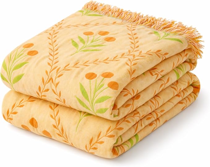 100% Cotton Boho Throw Blanket for Home Decor – Classic Farmhouse Quilt Bedding, Muslin Blankets for Adults, Vintage Woven Decorative Blanket for Couch, Bed Layering Use, Vintage Floral, 104"x90"