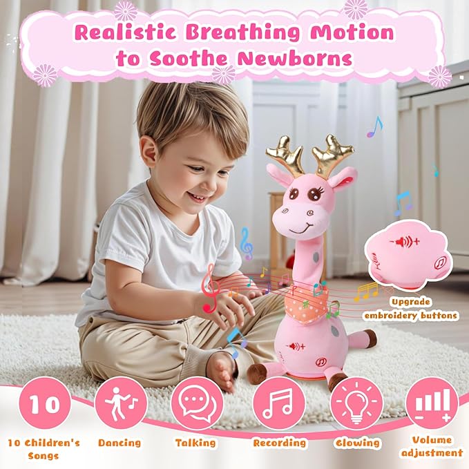 MIAODAM Dancing Talking Giraffe Stuffed Animal, Singing 10 Children's Song, Baby Toy Repeats What You Say, Christmas Colorful Glowing Giraffe Plush Interactive Toys for Toddlers 1-3 Year(Pink)